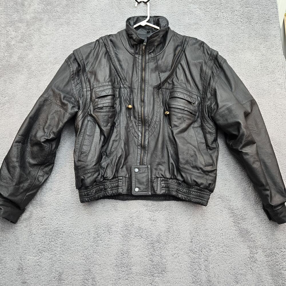 VTG Route 66 Heavy Black Leather Moto Bomber Jacket Gorpcore Distressed L